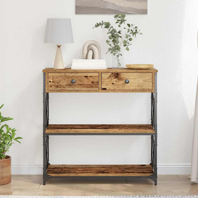 vidaXL Konzol Asztal Régi fa 75 x 28 x 75 cm Műgyantás fa és fém