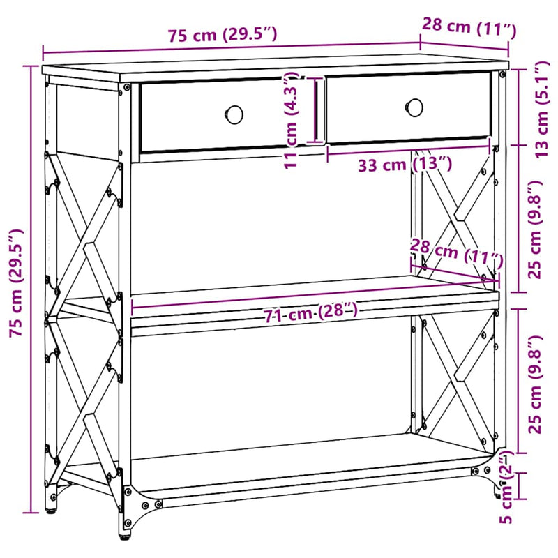 vidaXL Konzol Asztal Régi fa 75 x 28 x 75 cm Műgyantás fa és fém