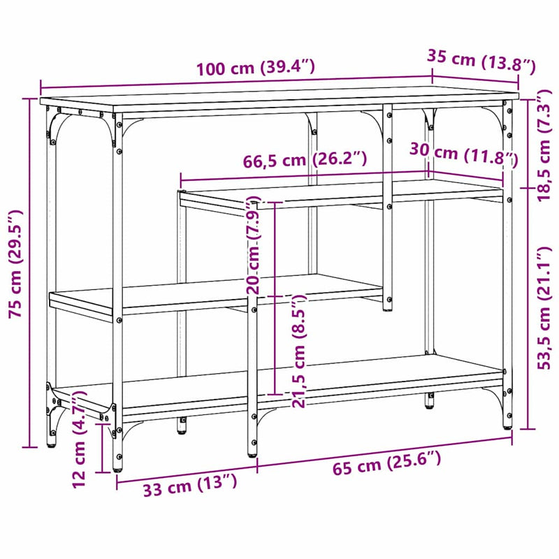 vidaXL Konzolasztal polcokkal kézműves tölgy 100 x 35 x 75 cm