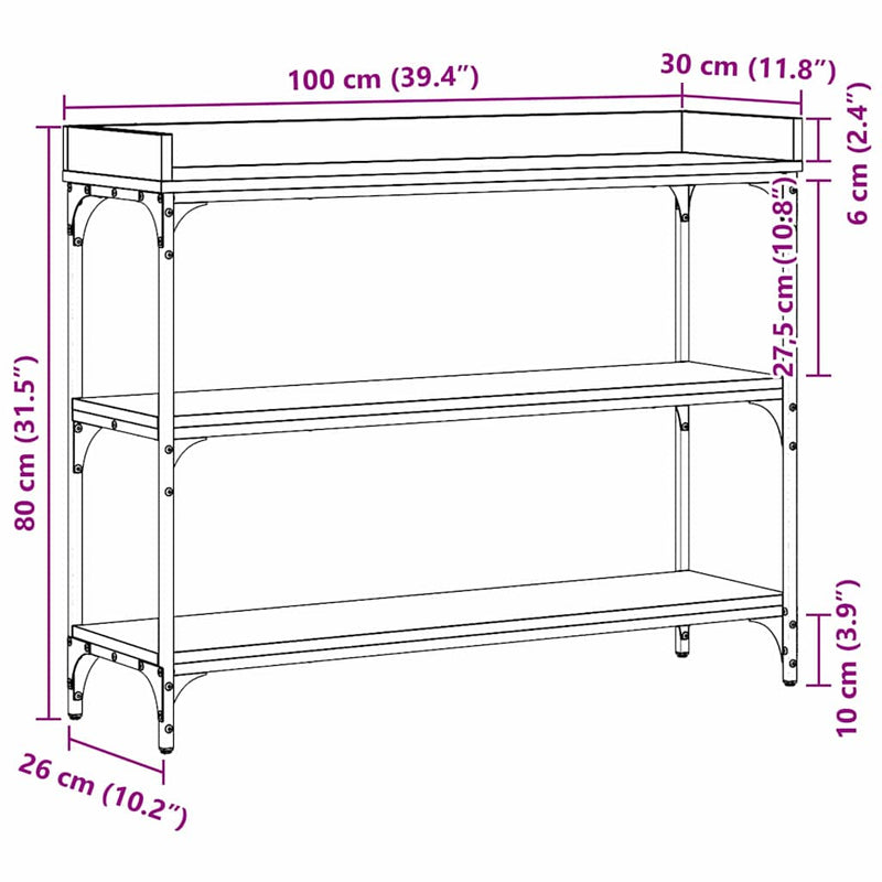 vidaXL Konzolasztal Musta tammi 100 x 30 x 80 cm Műgyantás fa és fém