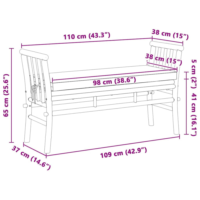 vidaXL Kerti pad párnával Barna 110 x 38 x 65cm bambusz