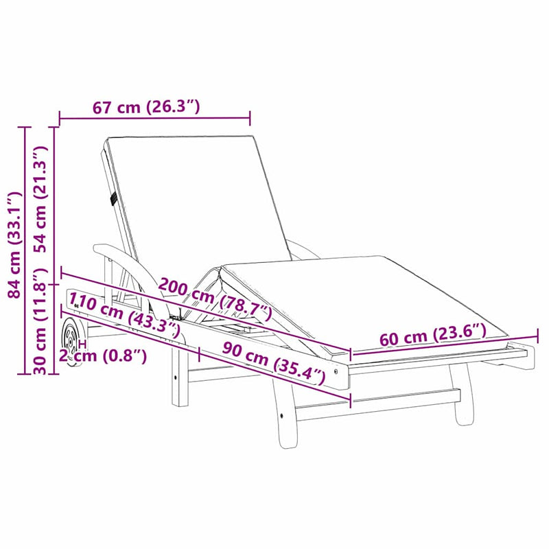 vidaXL Napozó párnával 2 pcs Piros 200 x 67 x 84cm Tömör akácfa