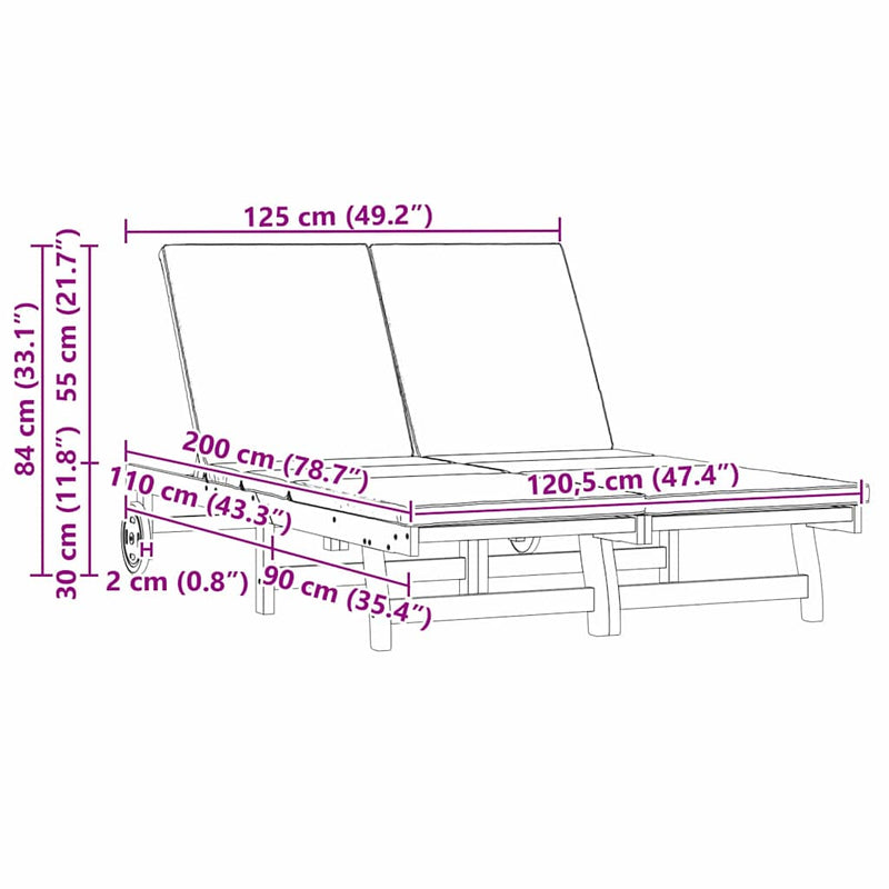 vidaXL Napozó párnával 2-személy Barna 125 x 200 x 84cm Tömör akácfa
