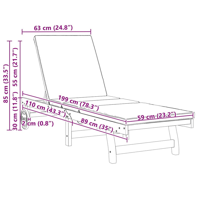 vidaXL Napozó párnával 2 pcs Barna 63 x 199 x 85cm Tömör akácfa