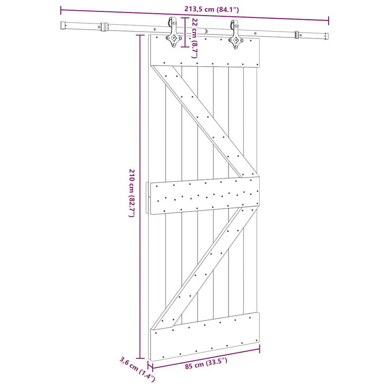 vidaXL tömör fenyőfa tolóajtó fémszerelékszettel 85x210 cm