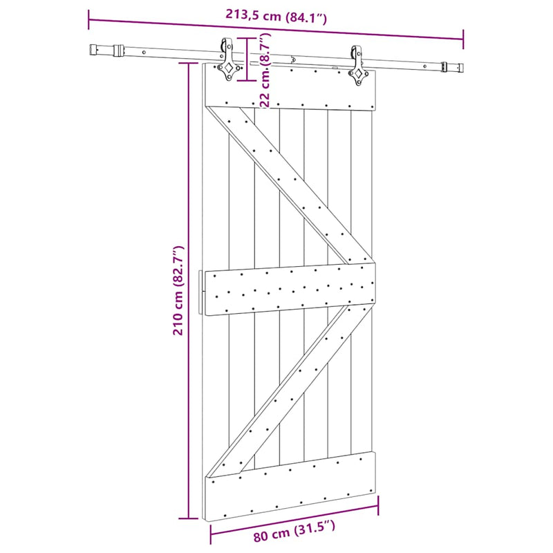 vidaXL tömör fenyőfa tolóajtó fémszerelékszettel 80 x 210 cm