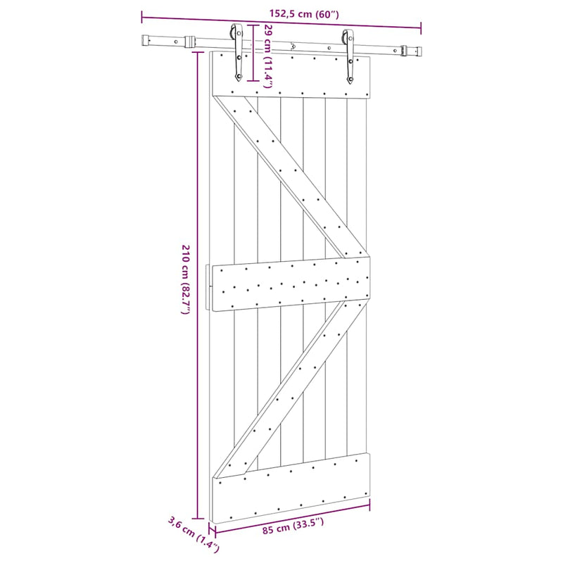 vidaXL tömör fenyőfa tolóajtó fémszerelékszettel 85x210 cm