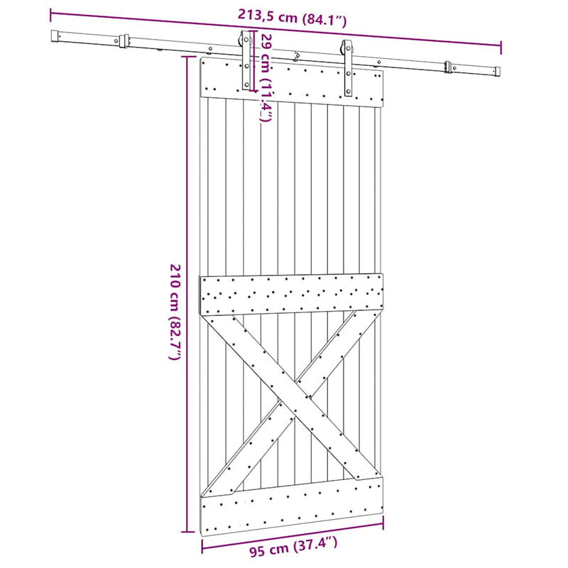 vidaXL tömör fenyőfa tolóajtó fémszerelékszettel 95 x 210 cm