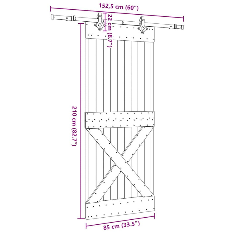 vidaXL tömör fenyőfa tolóajtó fémszerelékszettel 85x210 cm