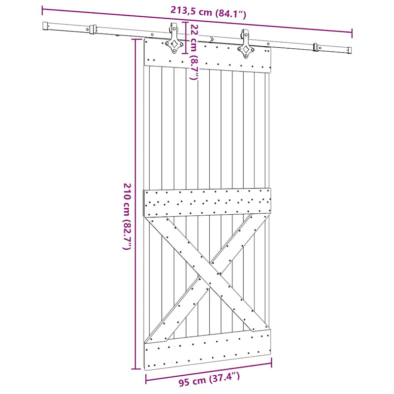 vidaXL tömör fenyőfa tolóajtó fémszerelékszettel 95 x 210 cm