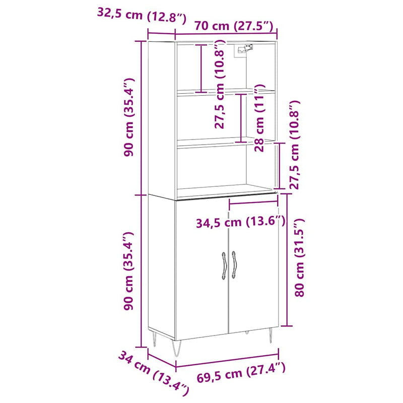 vidaXL Magasfiú Fekete tölgy 69,5 x 34 x 180 cm Faanyag