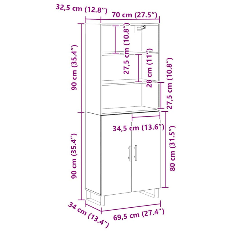 vidaXL Magasfiú Fekete tölgy 69,5 x 34 x 180 cm Faanyag
