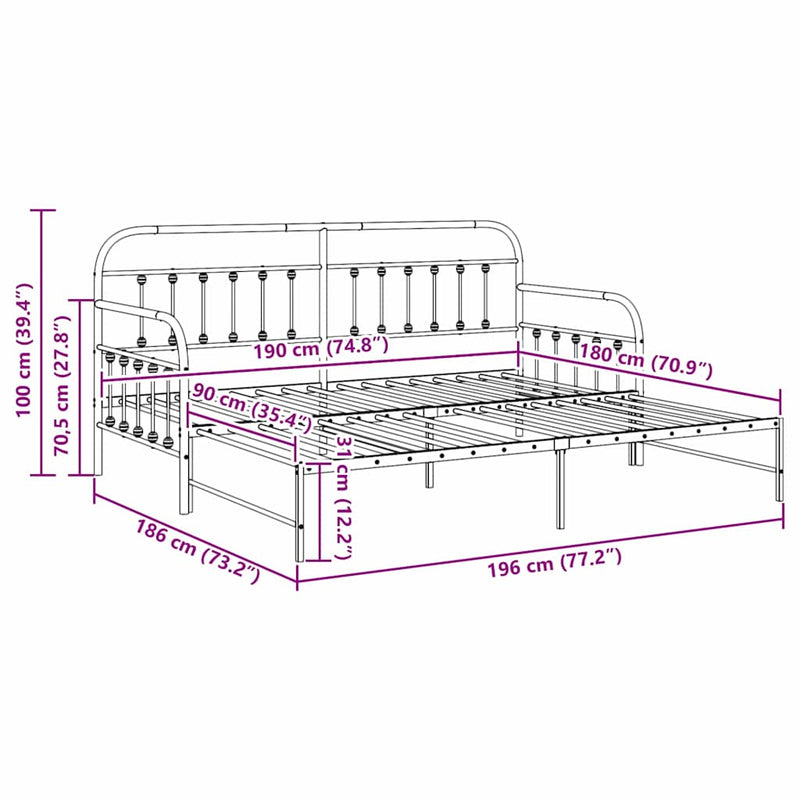 vidaXL Nappali ágykeret fejtámlával Fekete 90 x 190 cm Acél
