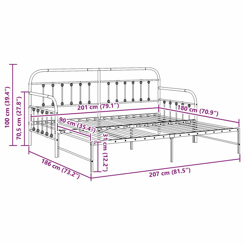 vidaXL Nappali ágykeret fejtámlával Fehér 90 x 200 cm Acél