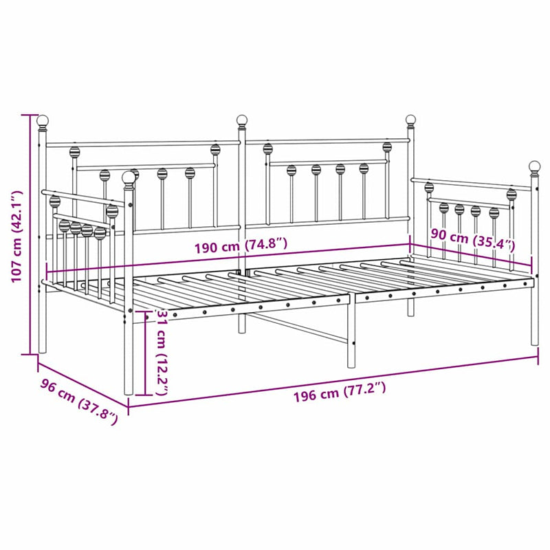 vidaXL Nappali ágykeret fejtámlával Fekete 90 x 190 cm Acél