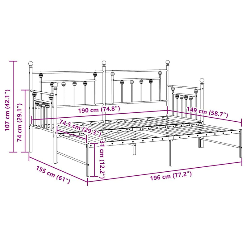 vidaXL Nappali ágykeret fejtámlával Fehér 75 x 190 cm Acél