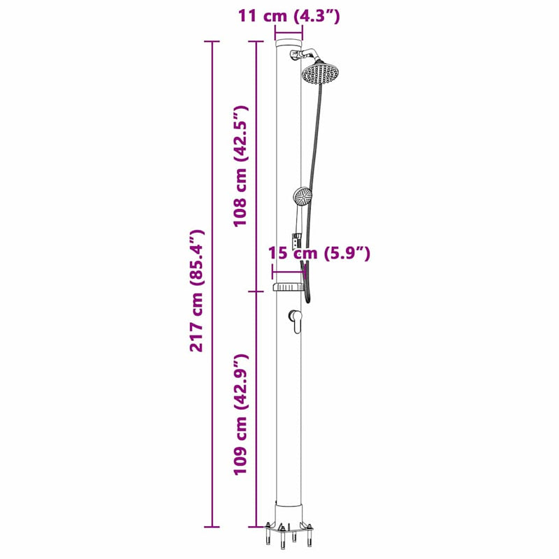 vidaXL Kültéri Napelemes Zuhany Fekete 217 cm PVC és alumínium