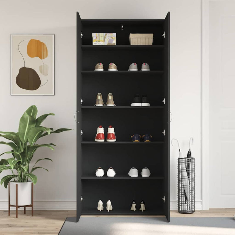 vidaXL Cipőszekrény polcokkal Fekete 80 x 35.5 x 180 cm Faanyag