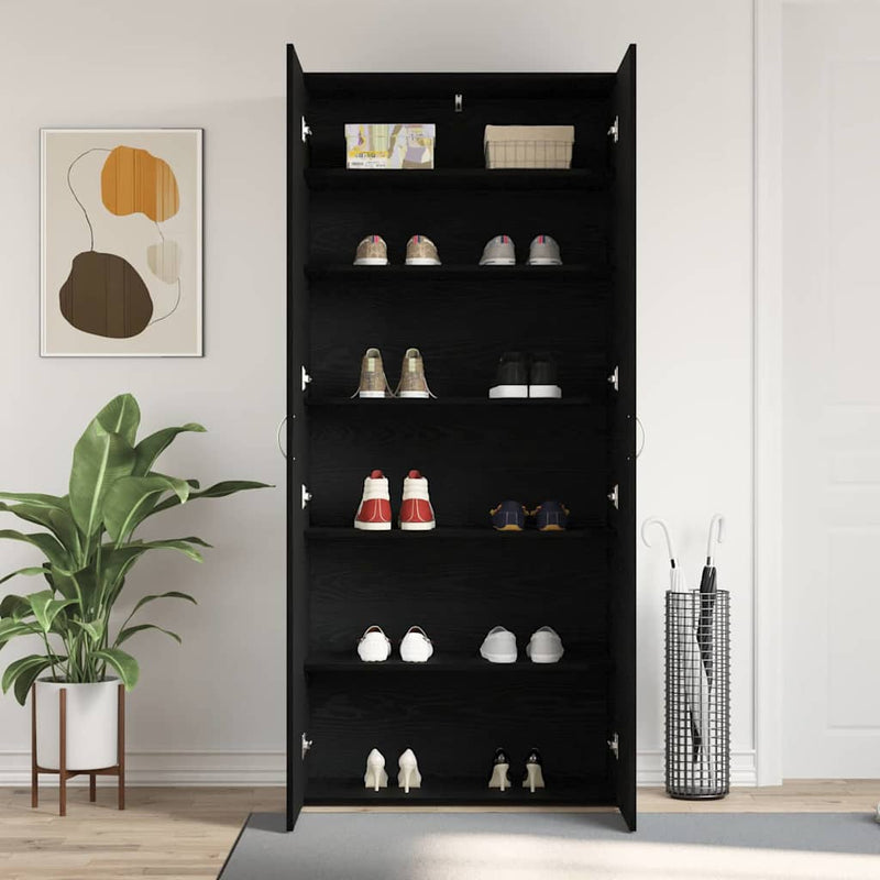 vidaXL Cipőszekrény polcokkal Fekete 80 x 35.5 x 180 cm Faanyag