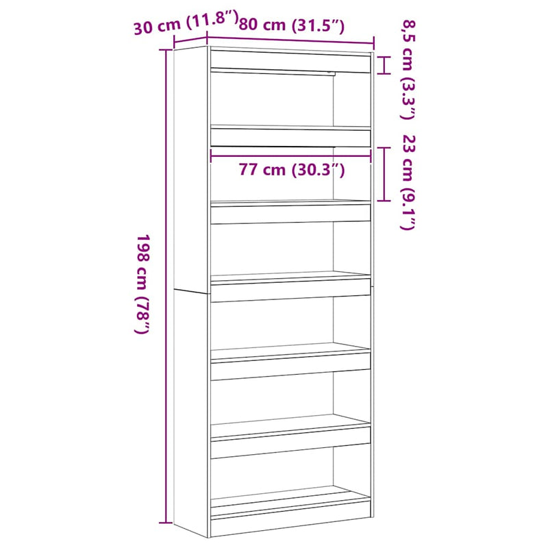 vidaXL Könyvszekrény polcokkal Fekete 80 x 30 x 198 cm Faanyag