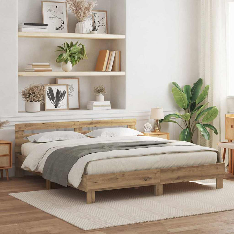 vidaXL Ágykeret fejtámlával kézműves tölgy 200 x 200 cm Faanyag