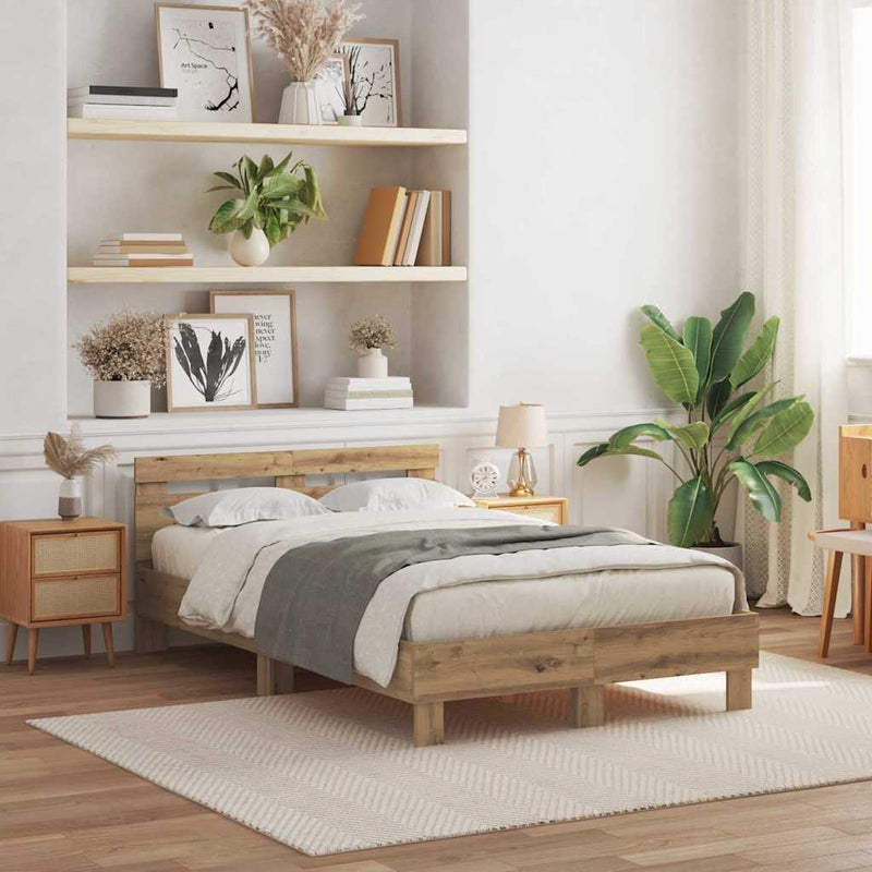 vidaXL Ágykeret fejtámlával kézműves tölgy 120 x 200 cm Faanyag