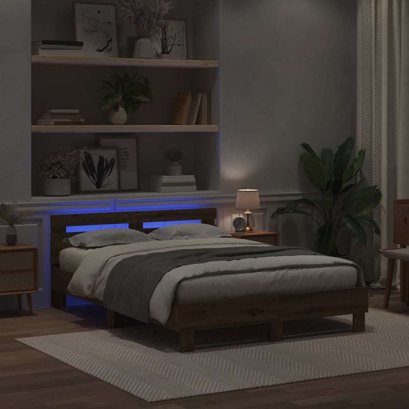 vidaXL Ágykeret fejtámlával kézműves tölgy 140 x 190 cm Faanyag