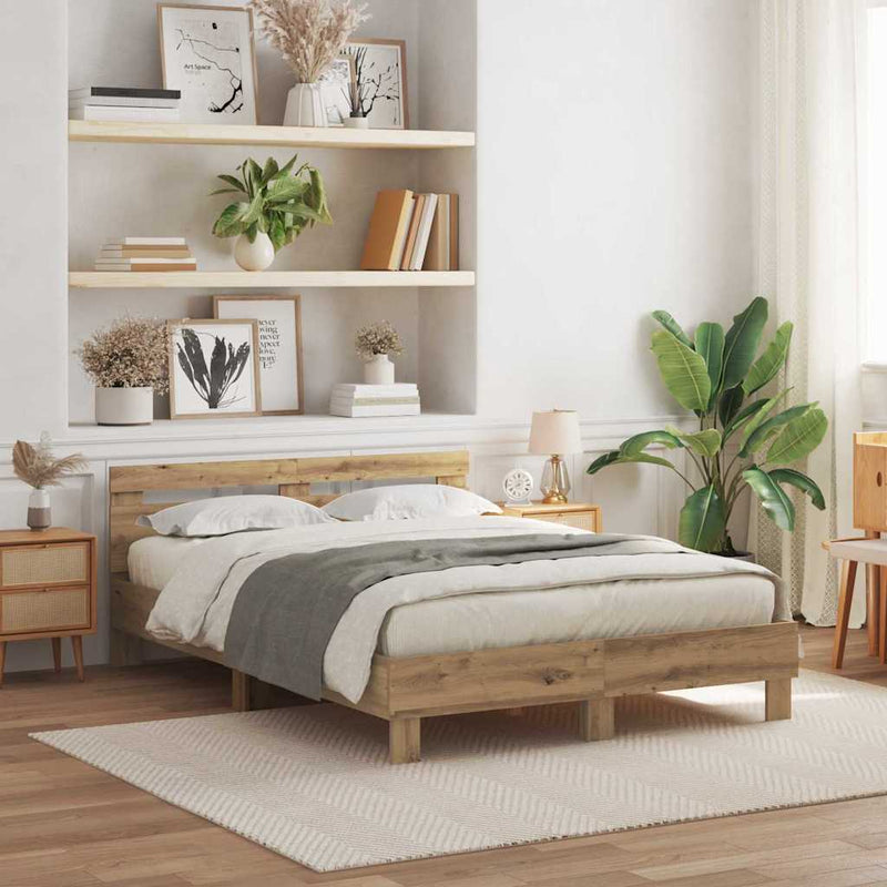 vidaXL Ágykeret fejtámlával kézműves tölgy 140 x 190 cm Faanyag