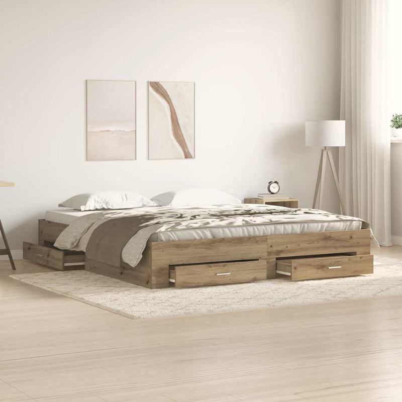 vidaXL Ágykeret fiókokkal fiókkal kézműves tölgy 180 x 200 cm Faanyag