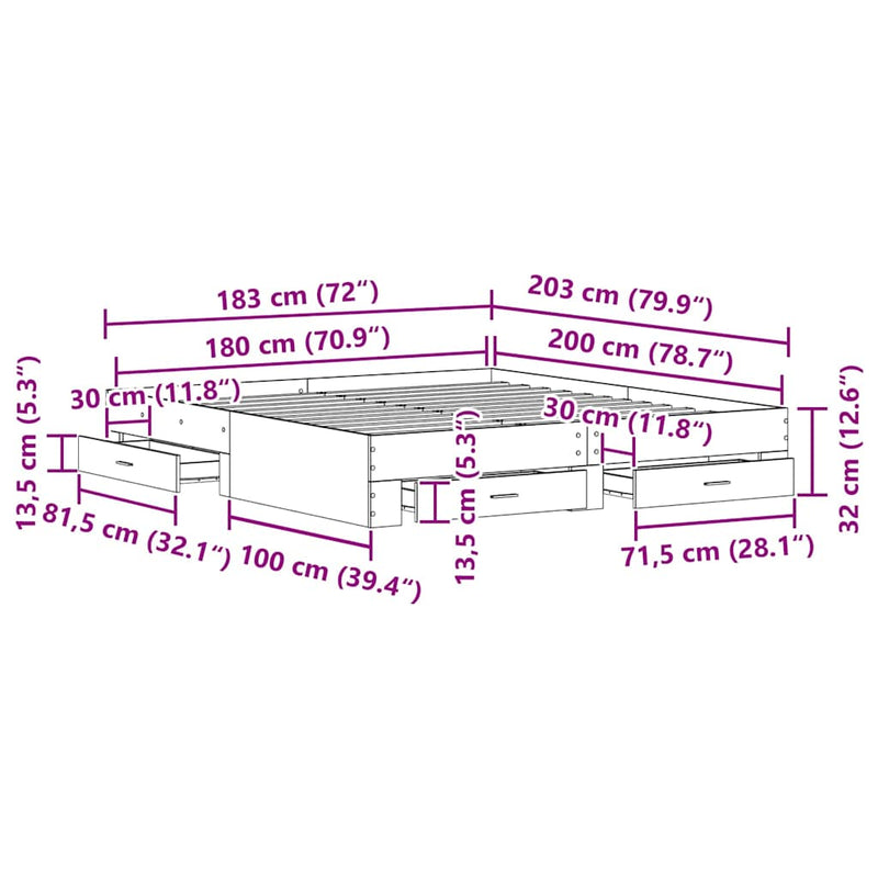 vidaXL Ágykeret fiókokkal fiókkal kézműves tölgy 180 x 200 cm Faanyag