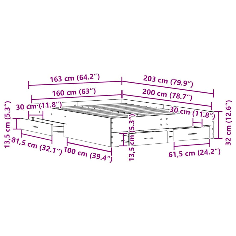 vidaXL Ágykeret fiókokkal fiókkal Musta tammi 160 x 200 cm Faanyag