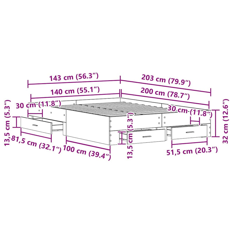 vidaXL Ágykeret fiókokkal fiókkal Musta tammi 140 x 200 cm Faanyag