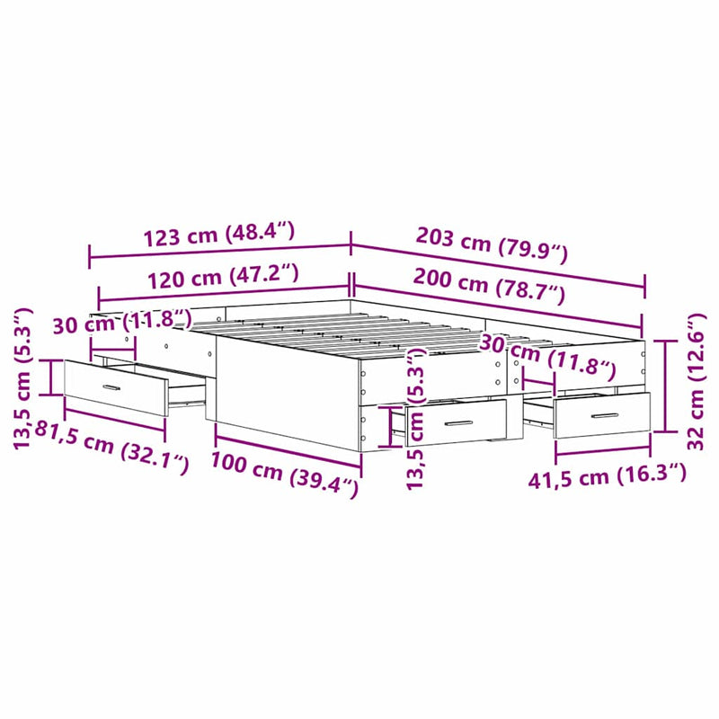 vidaXL Ágykeret fiókokkal fiókkal Régi fa 120 x 200 cm Faanyag