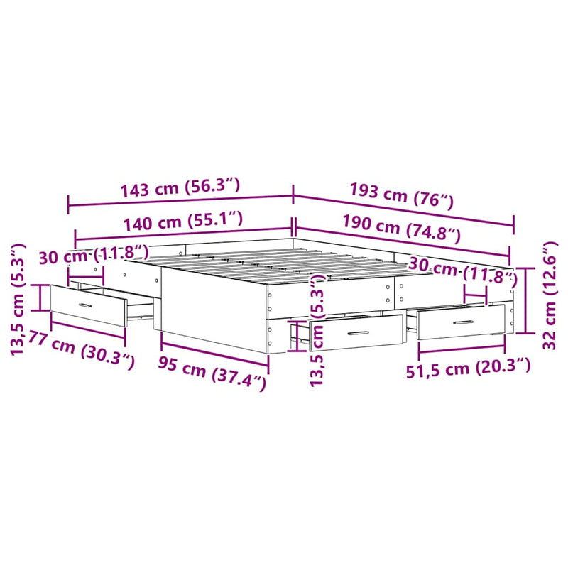 vidaXL Ágykeret fiókokkal fiókkal Musta tammi 140 x 190 cm Faanyag