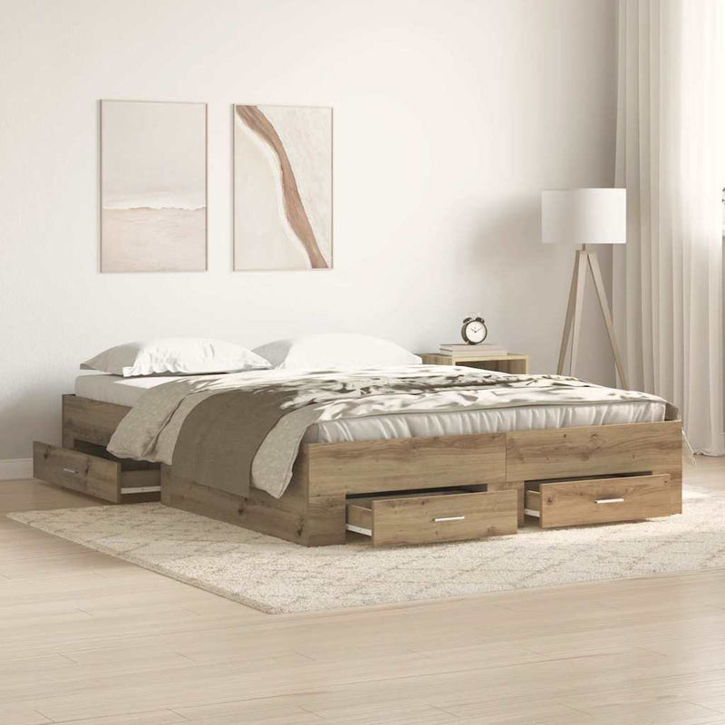 vidaXL Ágykeret fiókokkal fiókkal kézműves tölgy 135 x 190 cm Faanyag