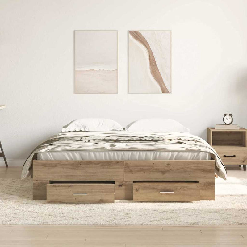 vidaXL Ágykeret fiókokkal fiókkal kézműves tölgy 135 x 190 cm Faanyag