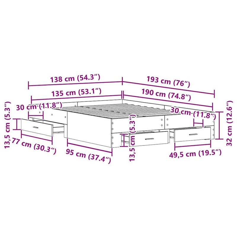 vidaXL Ágykeret fiókokkal fiókkal Musta tammi 135 x 190 cm Faanyag
