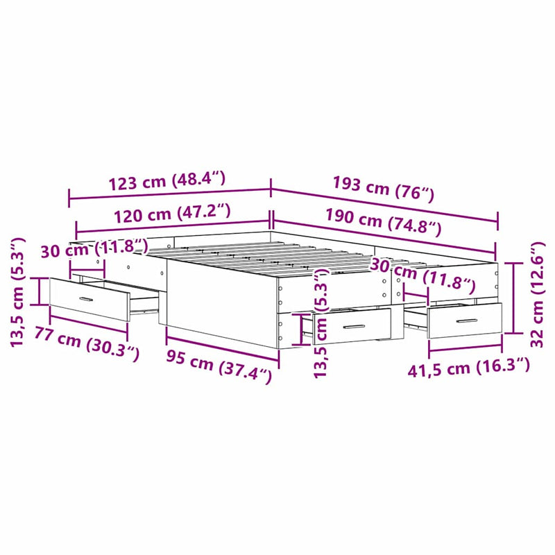 vidaXL Ágykeret fiókokkal fiókkal kézműves tölgy 120 x 190 cm Faanyag