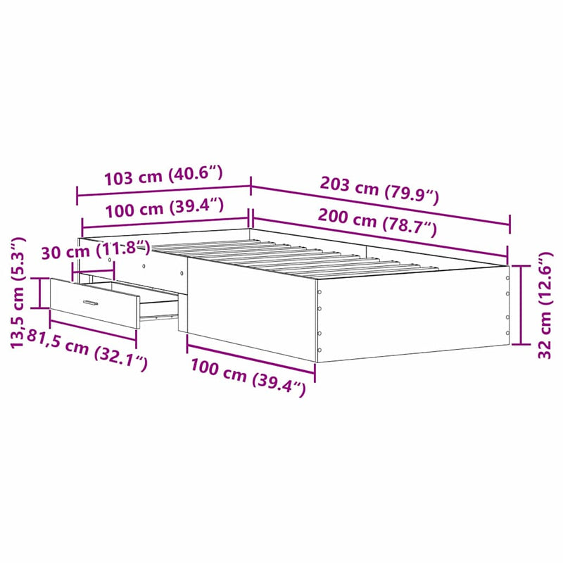 vidaXL Ágykeret fiókokkal fiókkal Régi fa 100 x 200 cm Faanyag