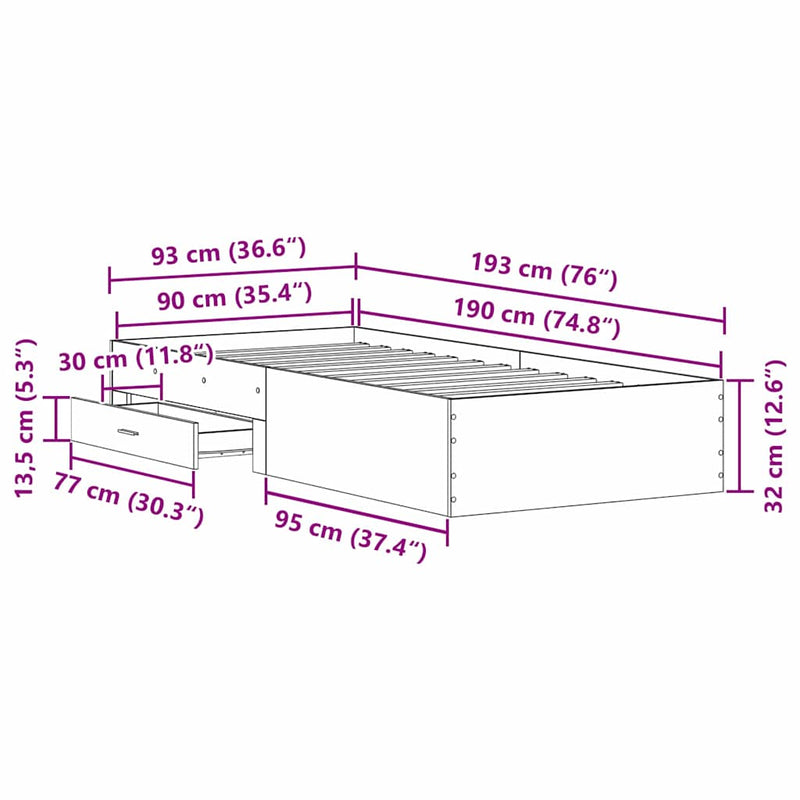 vidaXL Ágykeret fiókokkal fiókkal kézműves tölgy 90 x 190 cm Faanyag