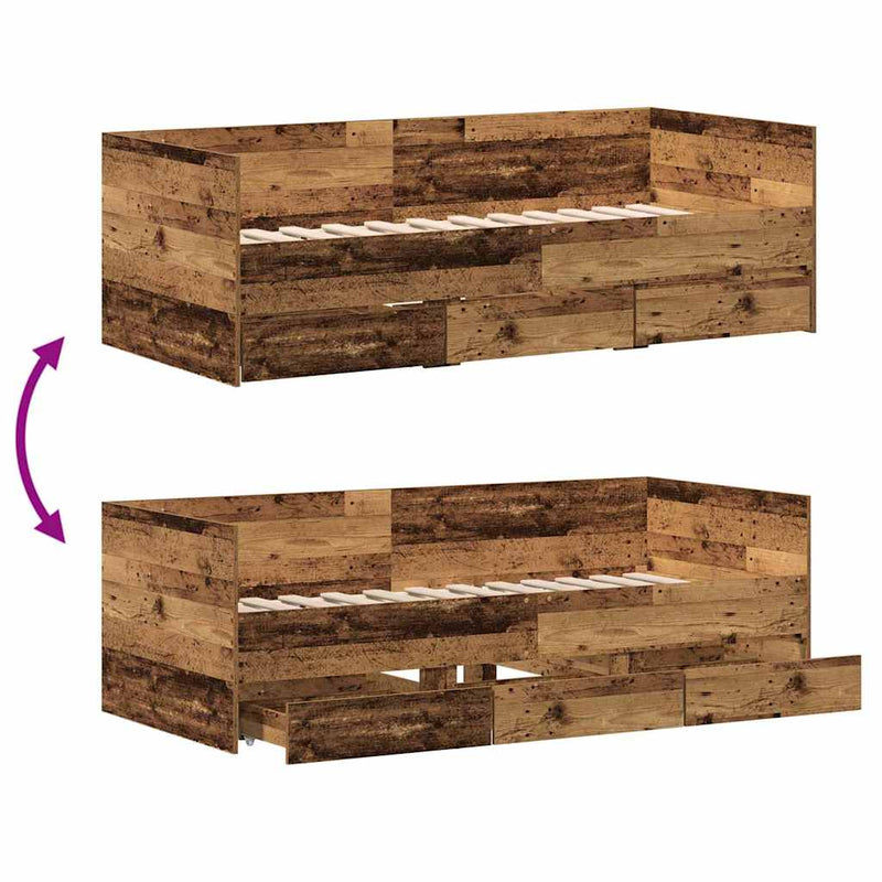 vidaXL Fekvőfelület keret tárolókkal Régi fa 90 x 200 cm Faanyag