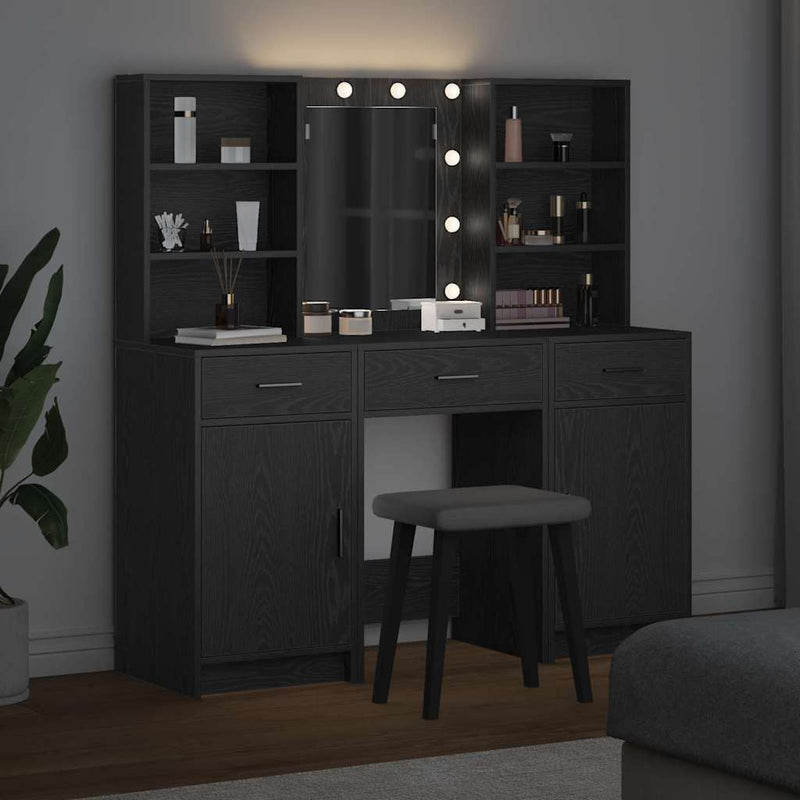 vidaXL Sminkasztal Készlet LED -es lámpákkal 3 pcs Musta tammi Faanyag