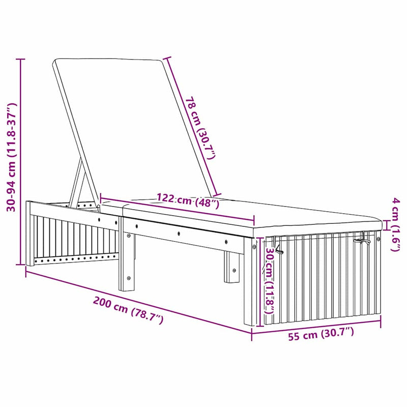 vidaXL Napozó párnával 1-személy Barna 200 x 55 x 94cm Tömör akácfa