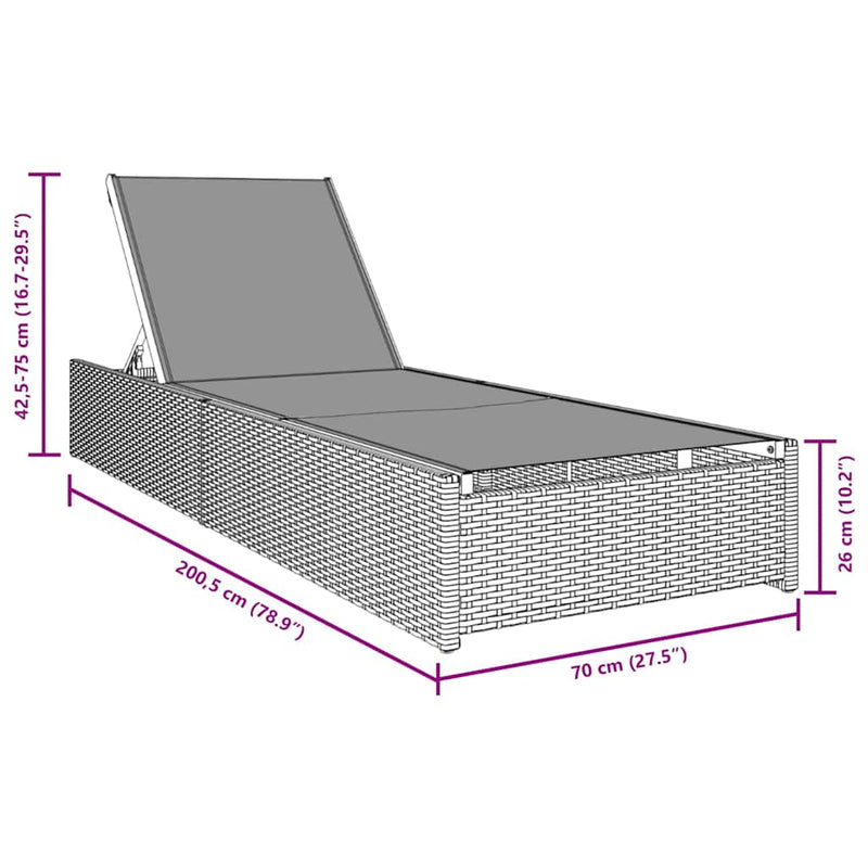 vidaXL Napozó párnával 1-személy Szürke 60 x 200 x 27cm polirattan