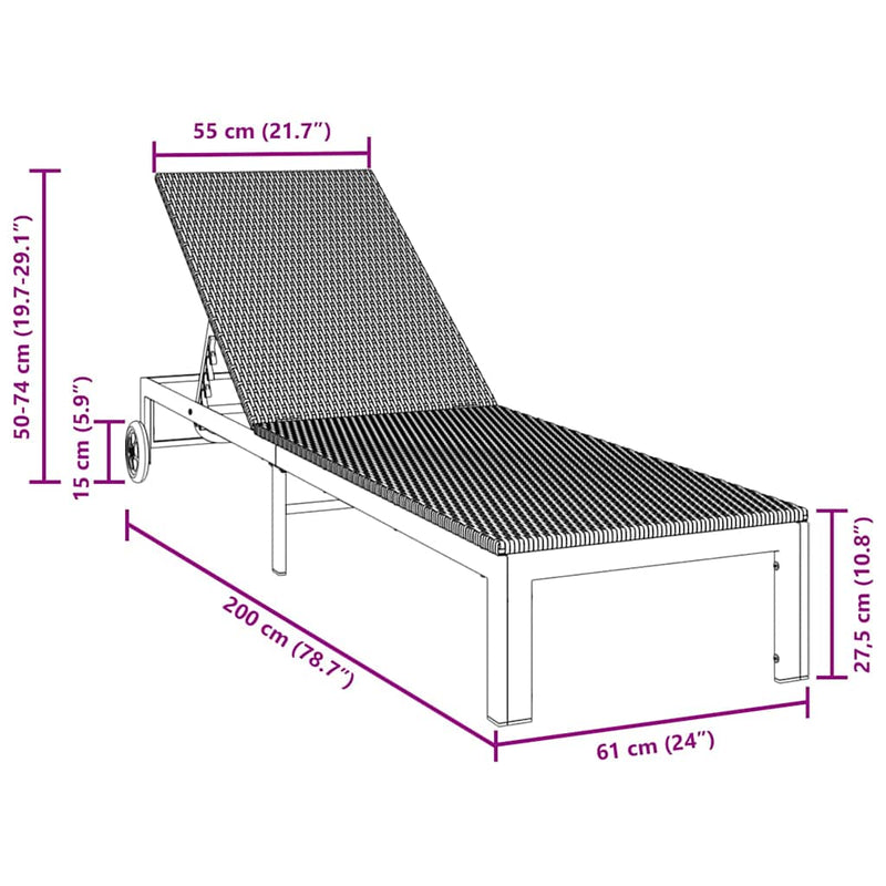 vidaXL Napozóágy 1-személy Fekete 60 x 200 x 27cm polirattan