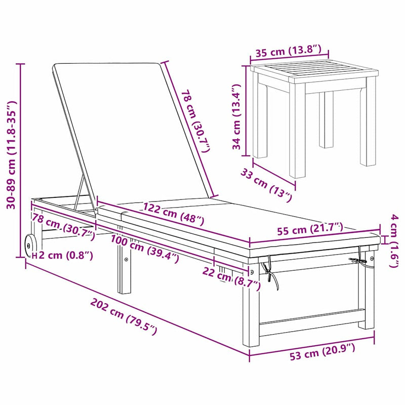 vidaXL Napozó 1-személy 3 pcs Barna 35 x 35 x 34cm Tömör akácfa