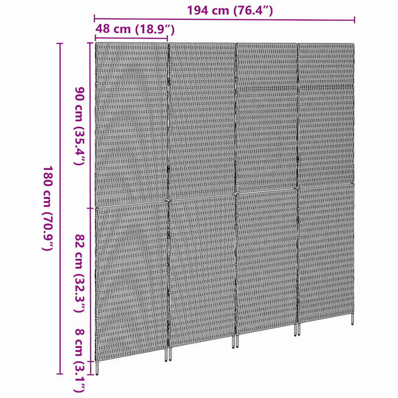 vidaXL Szobaelválasztó Összecsukható Szürke 195 x 180 cm polirattan