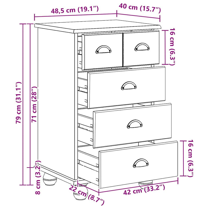 vidaXL Fiókos Szekrény fiókkal Fehér 45.8 x 40 x 79 cm Tömör fenyőfa
