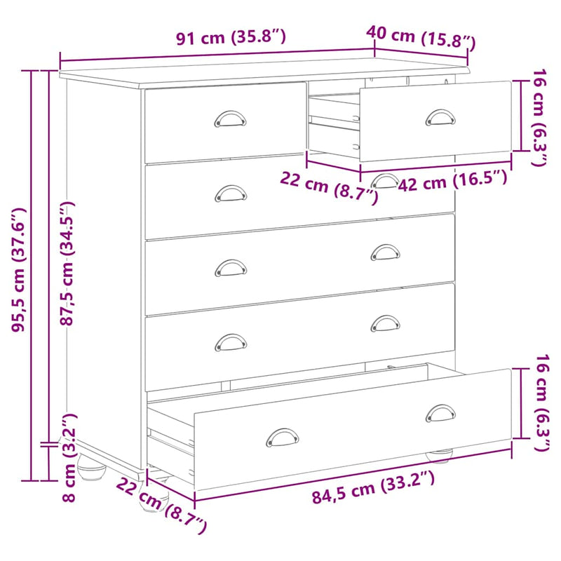 vidaXL Fiókos Szekrény fiókkal Barna 91 x 40 x 95.5 cm Tömör fenyőfa