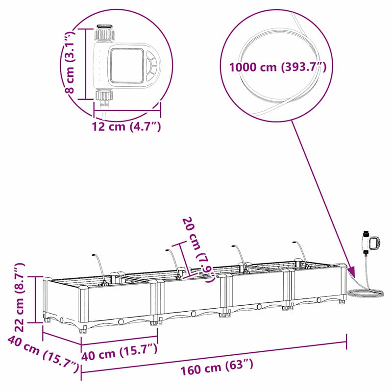 vidaXL Kerti ültetők Szürke 160 x 40 x 22 cm Acél